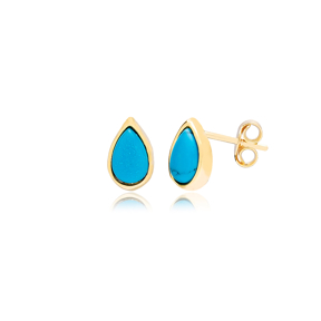 Minimalist Design Turquoise Drop Stone Stud Turkish Wholesale Handcrafted Silver Earring