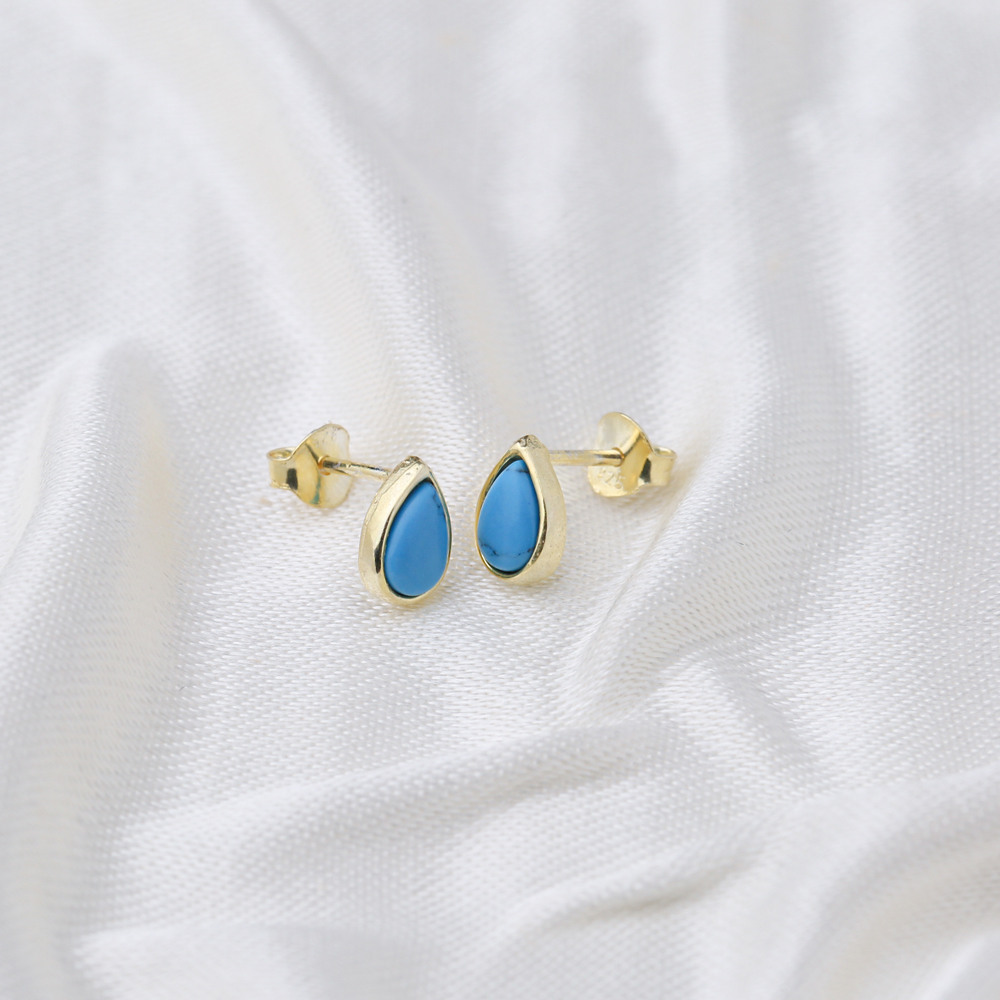 Minimalist Design Turquoise Drop Stone Stud Turkish Wholesale Handcrafted Silver Earring