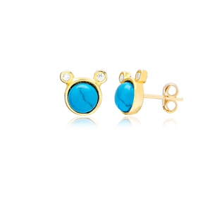 Round Turquoise and Double Zircon Stone Stud Turkish Wholesale Handcrafted Silver Earring