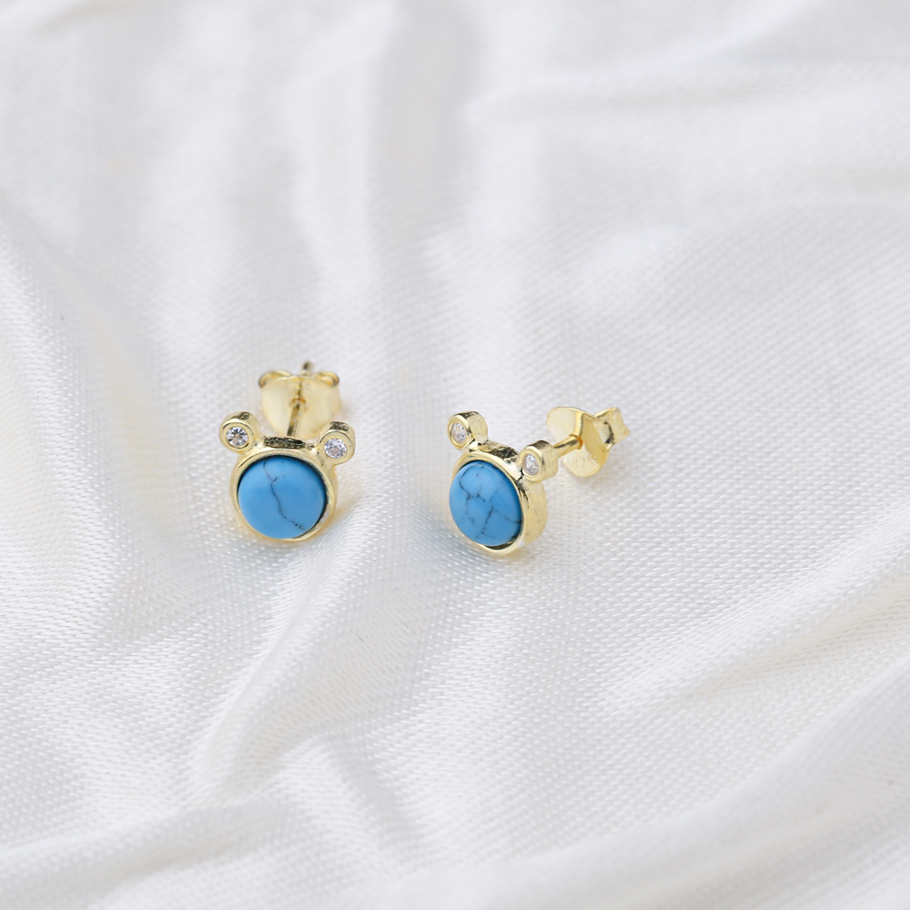 Round Turquoise and Double Zircon Stone Stud Turkish Wholesale Handcrafted Silver Earring