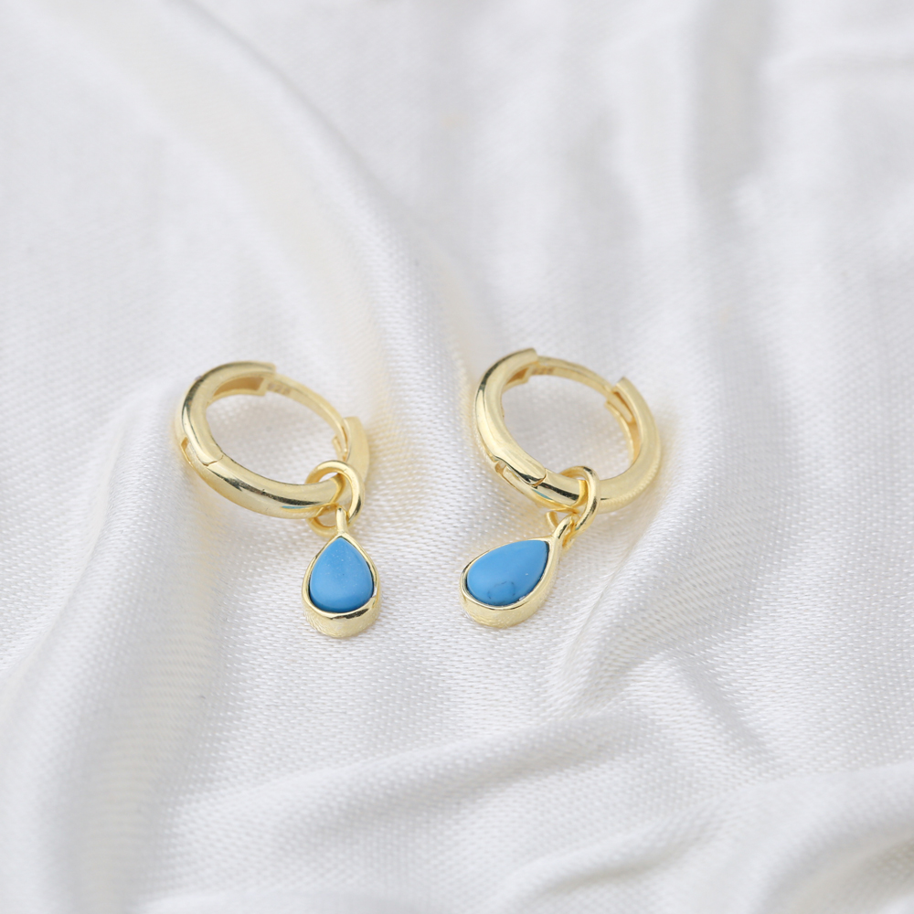 Drop Shape Turquoise Stone Gold Plated Dangle Earrings Turkish Wholesale 925 Sterling Silver Jewellery