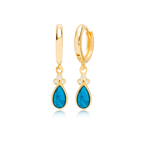 Drop Turquoise Shape and Three Zircon Stone Turkish Wholesale 925 Sterling Silver Dangle Earrings