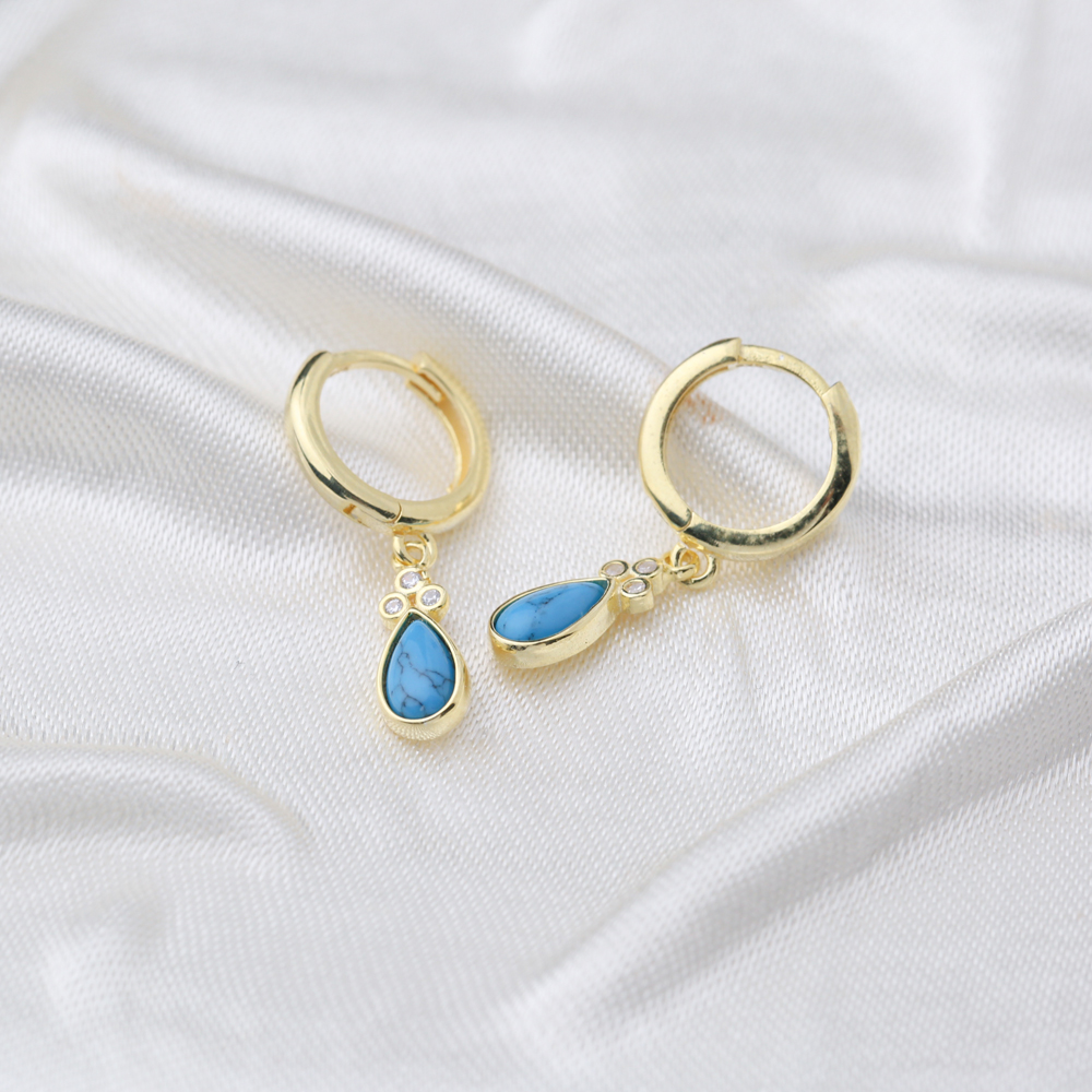 Drop Turquoise Shape and Three Zircon Stone Turkish Wholesale 925 Sterling Silver Dangle Earrings
