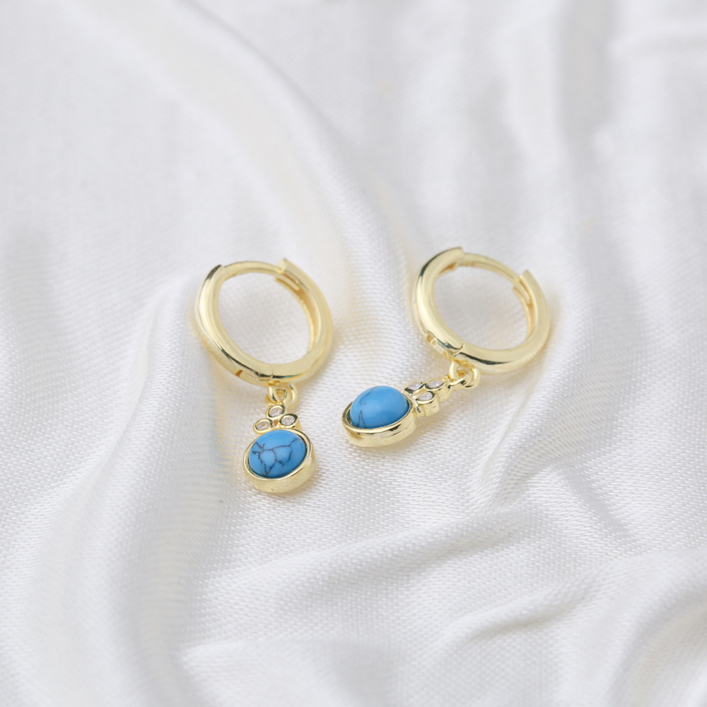 Round Turquoise Shape and Three Zircon Stone Turkish Wholesale 925 Sterling Silver Dangle Earrings