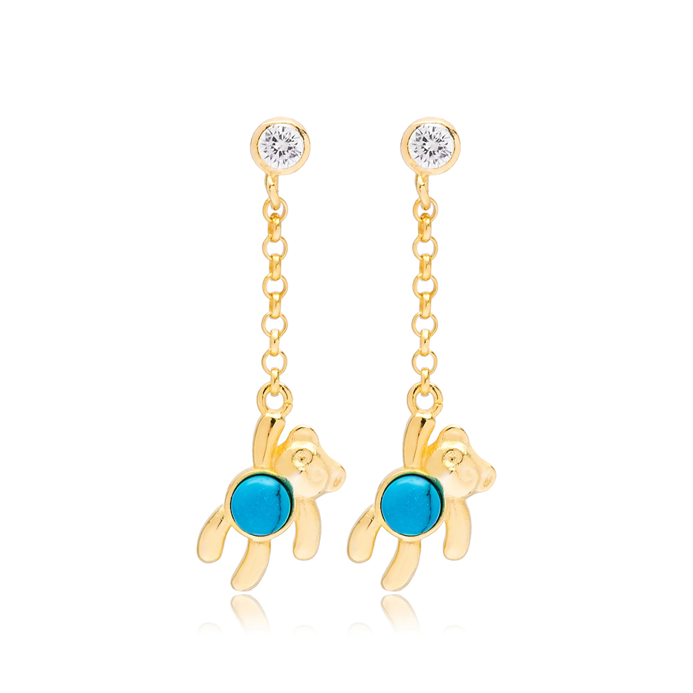 Bear Design Turquoise Stone 31 mm Length  Earrings Wholesale Turkish Handmade 925 Silver Sterling Jewelry