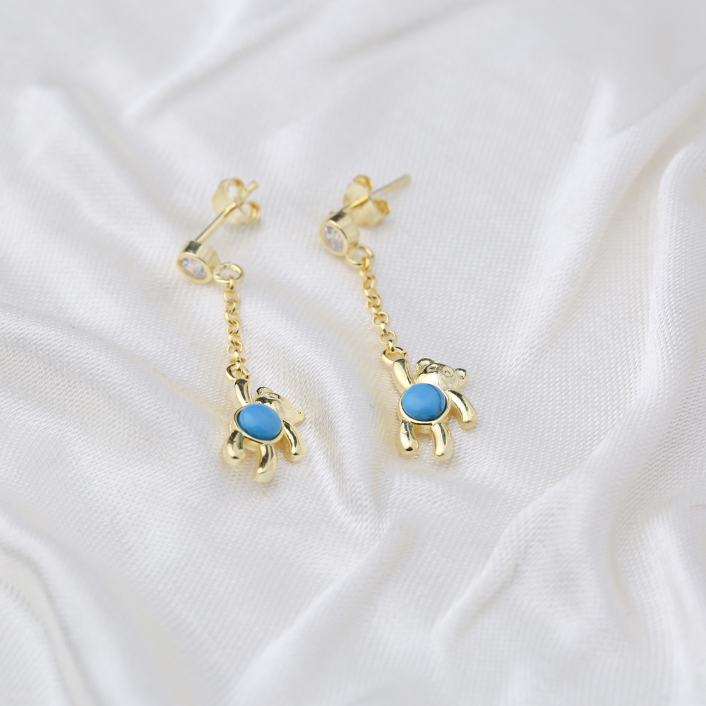 Bear Design Turquoise Stone 31 mm Length  Earrings Wholesale Turkish Handmade 925 Silver Sterling Jewelry