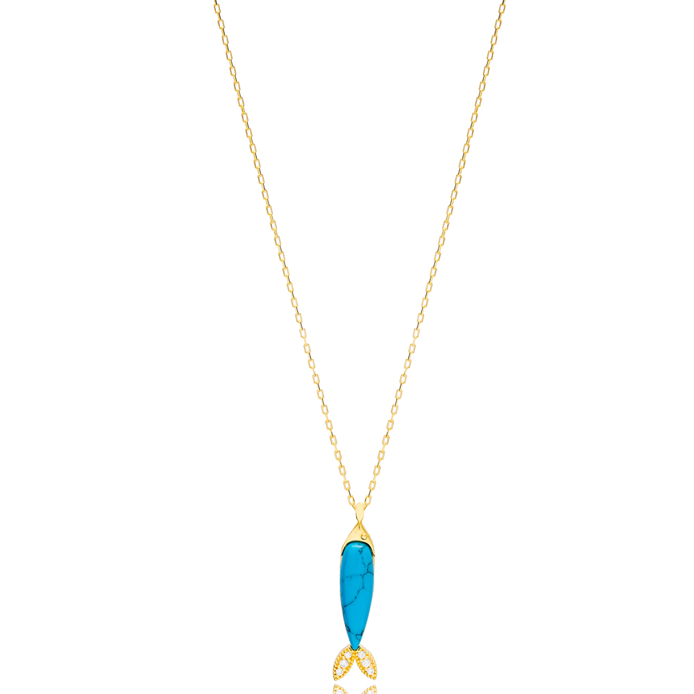 Turquoise Fish Design Zircon Stone Detailed Pendant Turkish Wholesale Handmade 925 Sterling Silver Jewelry