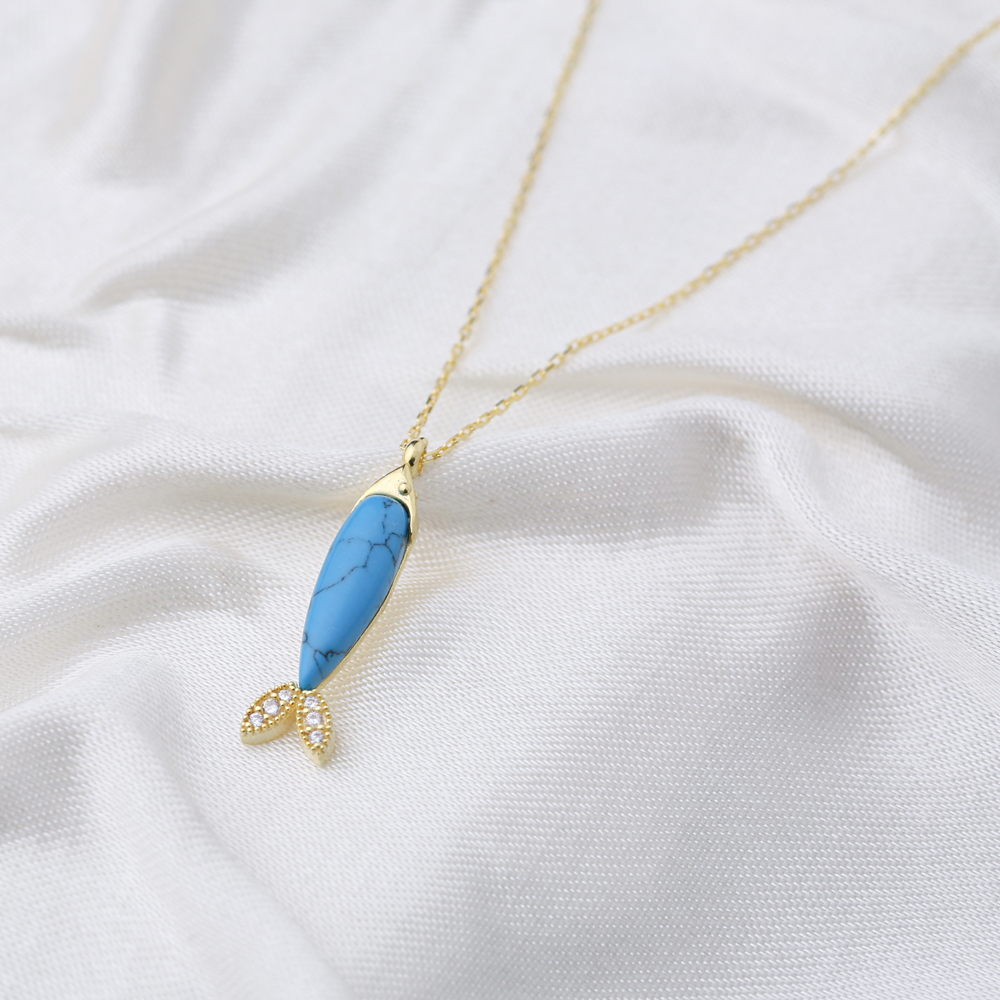 Turquoise Fish Design Zircon Stone Detailed Pendant Turkish Wholesale Handmade 925 Sterling Silver Jewelry