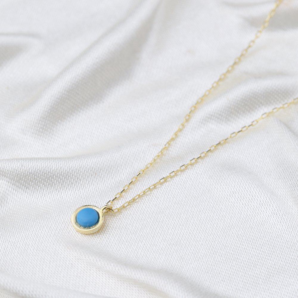 Turquoise Round Stone Gold Plated Charm Necklace Wholesale Turkish 925 Sterling Silver Jewelry