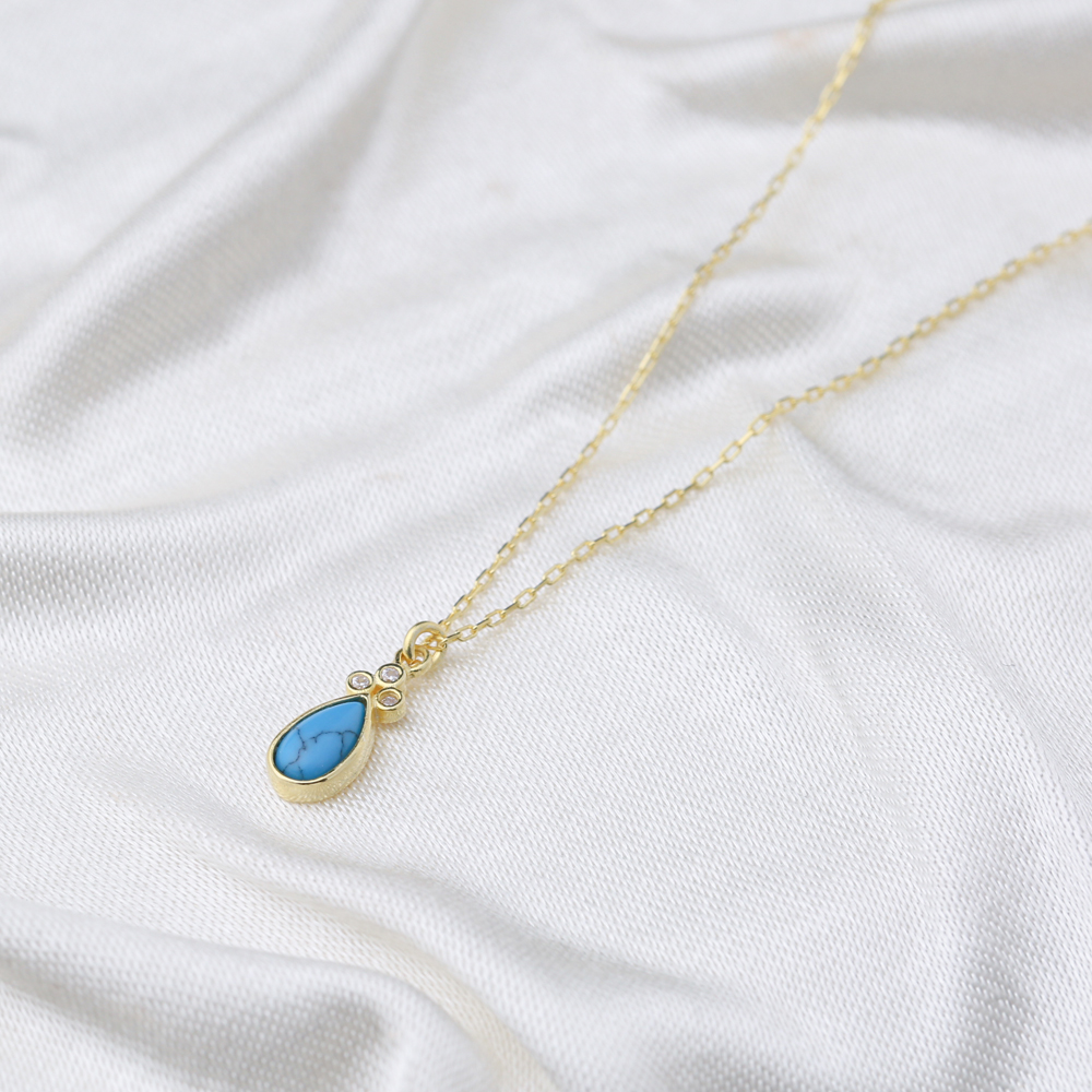Turquoise Drop Shape Three Zircon Stone Detailed Charm Necklace Wholesale Turkish 925 Sterling Silver Jewelry