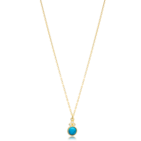 Turquoise Round Shape Three Zircon Detailed Stone Gold Plated Charm Necklace  925 Sterling Silver Jewelry