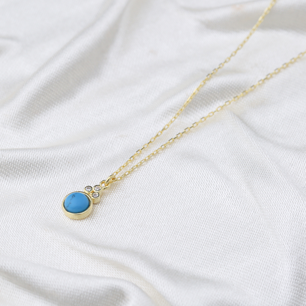 Turquoise Round Shape Three Zircon Detailed Stone Gold Plated Charm Necklace  925 Sterling Silver Jewelry
