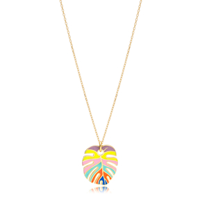 Rainbow Enamel Palm Leaf Shape Necklace Turkish 925 Sterling Silver Jewelry
