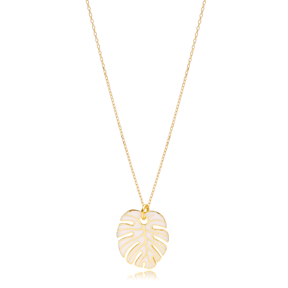 White Enamel Palm Leaf Shape Necklace Turkish 925 Sterling Silver Jewelry