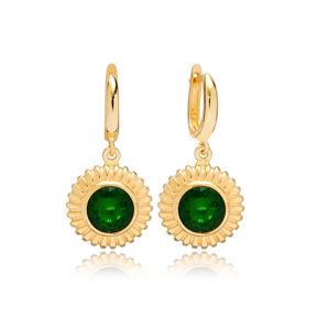 Dainty Round Emerald Charm Dangle Earrings Turkish Wholesale 925 Sterling Silver Jewellery