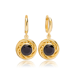 Dainty Round Black Onyx Charm Dangle Earrings Turkish Wholesale 925 Sterling Silver Jewellery