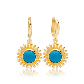 Dainty Round Turquoise Charm Dangle Earrings Turkish Wholesale 925 Sterling Silver Jewellery
