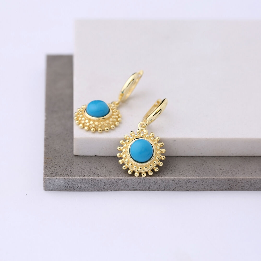 Dainty Round Turquoise Charm Dangle Earrings Turkish Wholesale 925 Sterling Silver Jewellery