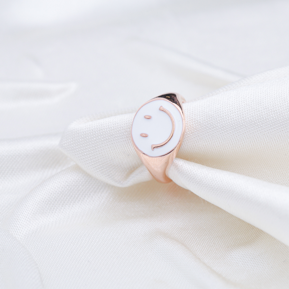 White Smile Face Enamel Design Adjustable Ring Wholesale 925 Silver Sterling Jewelry