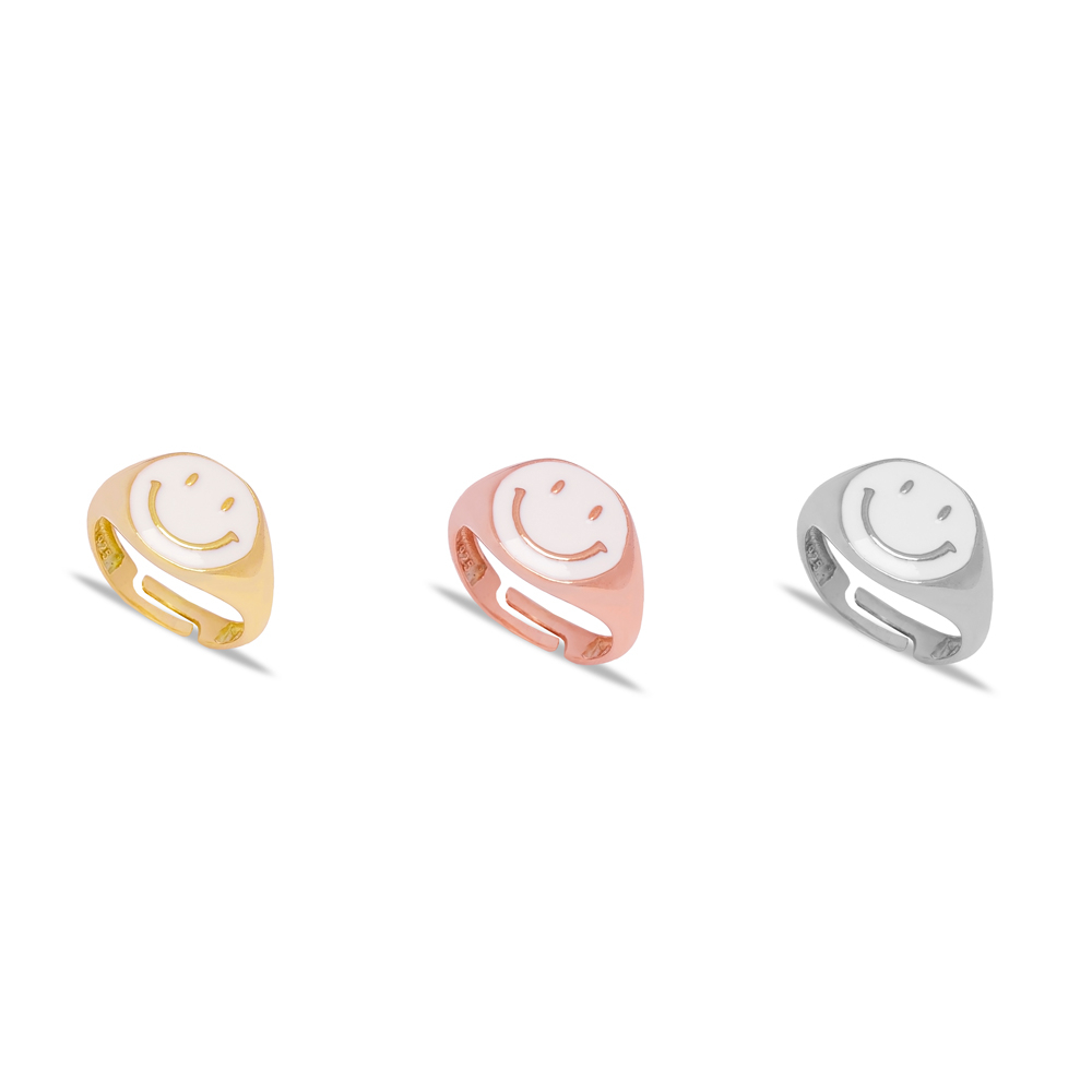 White Smile Face Enamel Design Adjustable Ring Wholesale 925 Silver Sterling Jewelry