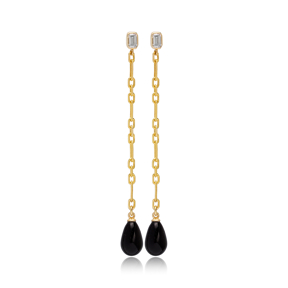 Black Mallorca Pearl Charm Stud Design Long Earrings Turkish Wholesale 925 Sterling Silver Jewelry