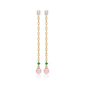 Dainty Pink Mallorca Pearl Charm Stud Design Long Earrings Turkish Wholesale 925 Sterling Silver Jewelry