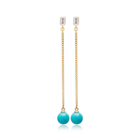 Trendy Turquoise Mallorca Pearl Charm Stud Design Long Earrings Turkish Wholesale 925 Sterling Silver Jewelry