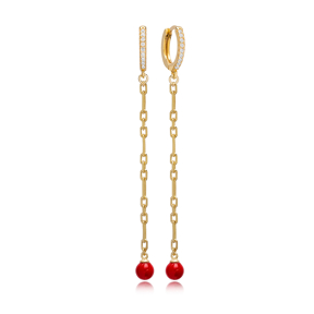 Unique Red Mallorca Pearl Charm Dangle Long Earrings Turkish Wholesale 925 Sterling Silver Jewelry