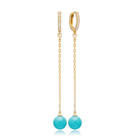 Turquoise Mallorca Pearl Charm Dangle Long Earrings Turkish Wholesale 925 Sterling Silver Jewelry
