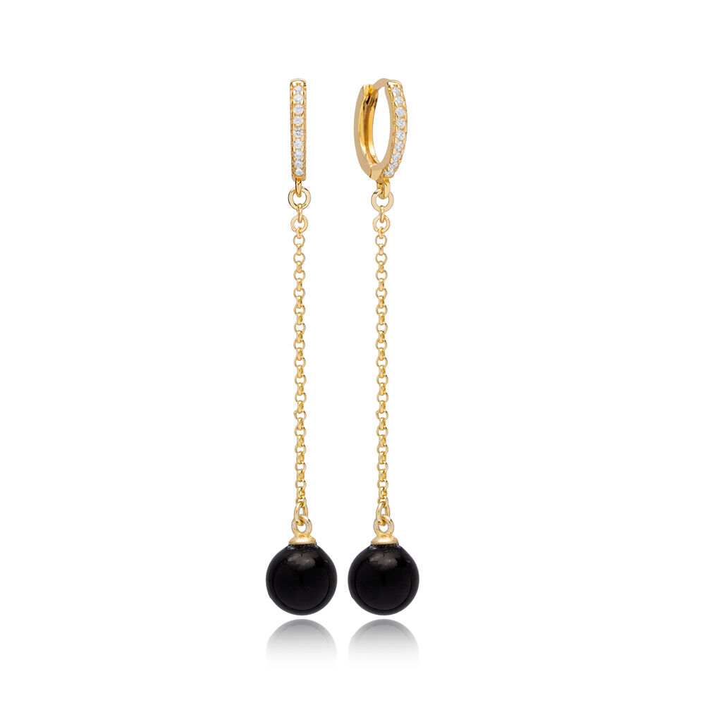Fine Black Mallorca Pearl Charm Dangle Long Earrings Turkish Wholesale 925 Sterling Silver Jewelry