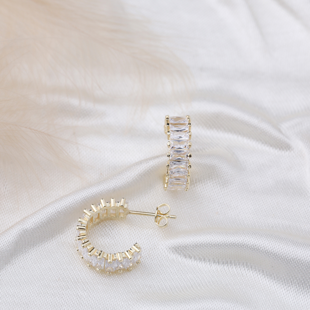 Trendy Baguette Design Hoop Earrings 925 Sterling Silver Jewelry