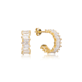 Elegant Baguette Stud Design Hoop Earrings Turkish Handmade Wholesale 925 Sterling Silver Jewelry