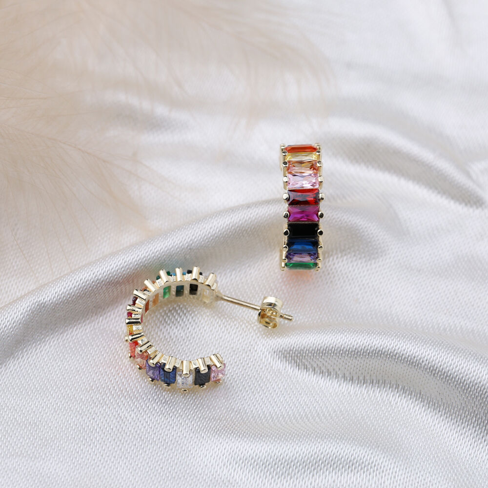 Rainbow Zirconia Stone Baguette Stud Design Hoop Earrings Turkish Handmade Wholesale 925 Sterling Silver Jewelry