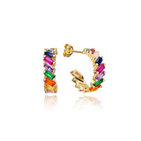 Unique Rainbow Zirconia Stone Baguette Stud Design Hoop Earrings Turkish Handmade Wholesale 925 Sterling Silver Jewelry