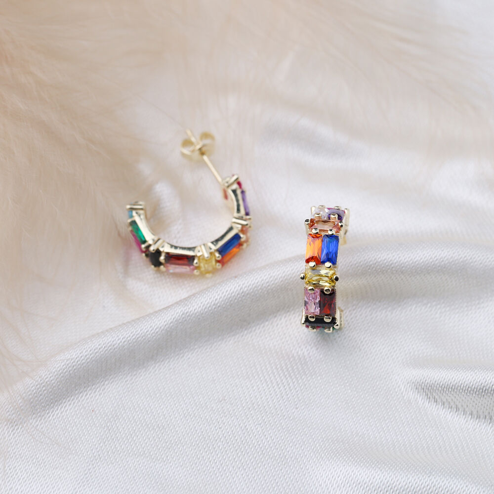 Stylish Rainbow Zirconia Stone Baguette Stud Design Hoop Earrings Turkish Handmade Wholesale 925 Sterling Silver Jewelry