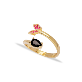 Fancy Butterfly Design Black Zirconia and Ruby Stone Adjustable Ring Turkish Wholesale 925 Silver Sterling Jewelry