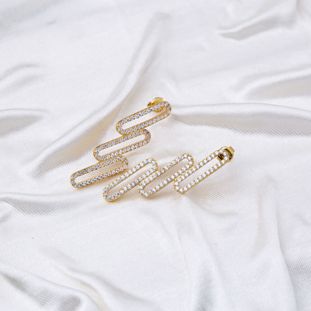 Stylish Geometric Design Multi Zirconia Stone Stud Earrings Turkish Handmade 925 Sterling Silver Jewelry