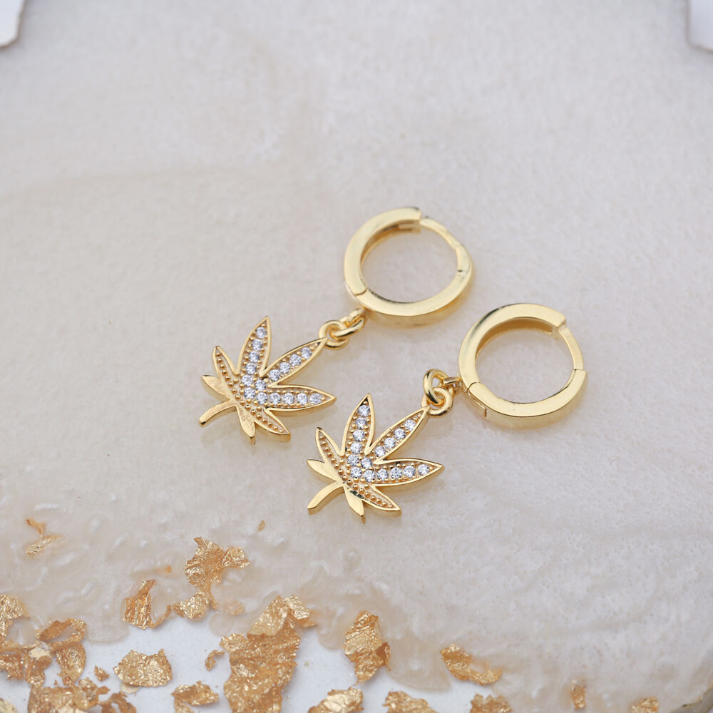 Leaf Design Zircon Stone Detailed Dangle Earrings Turkish Wholesale Handmade 925 Sterling Silver Jewelry