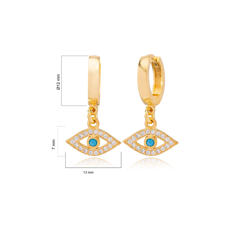 Trendy Evil Eye Design Zircon and Turquoise Stone Detailed Dangle Earrings Turkish Wholesale 925 Sterling Silver Jewelry