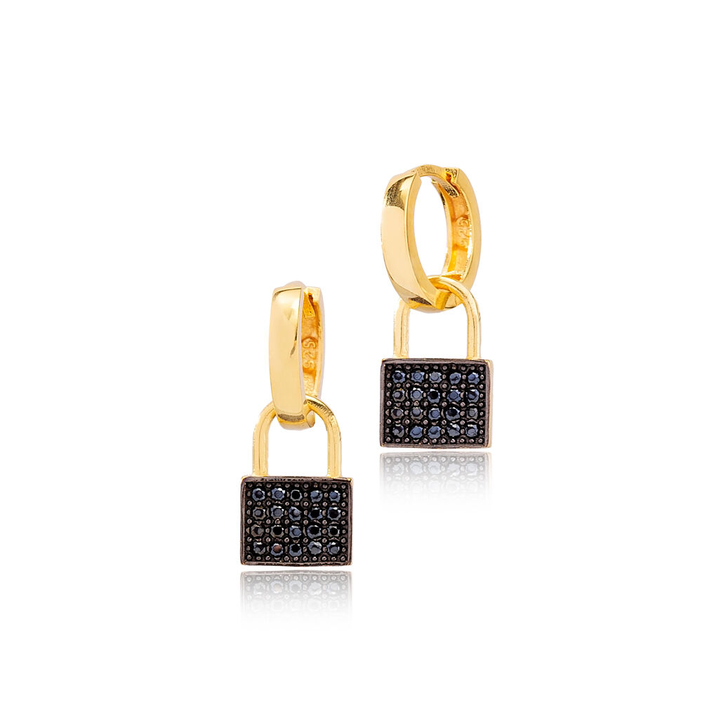 Black Zircon Padlock Design Ø12mm Hoop Dangle Earrings Turkish Wholesale Handmade 925 Sterling Silver Jewelry