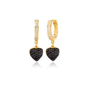 Stylish Heart Design Black Zircon Stone Ø12mm Hoop Dangle Earrings Turkish Wholesale Handmade 925 Sterling Silver Jewelry