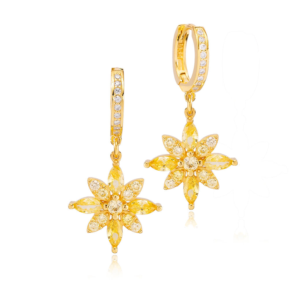 Elegant Flower Design Citrine Stone Dangle Earrings Turkish Wholesale Handmade 925 Sterling Silver Jewelry