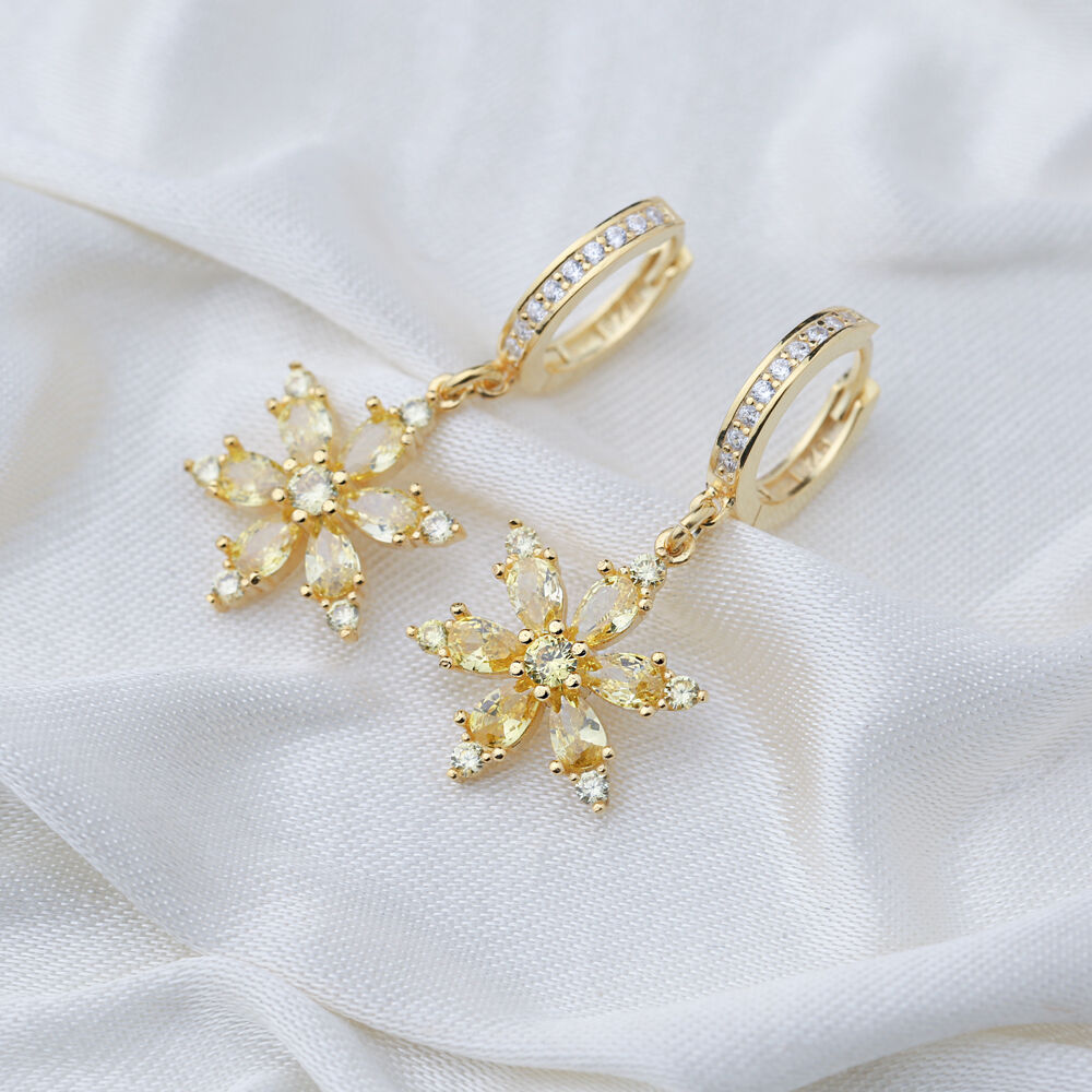 Chic Flower Design Citrine Stone Dangle Earrings Turkish Wholesale Handmade 925 Sterling Silver Jewelry