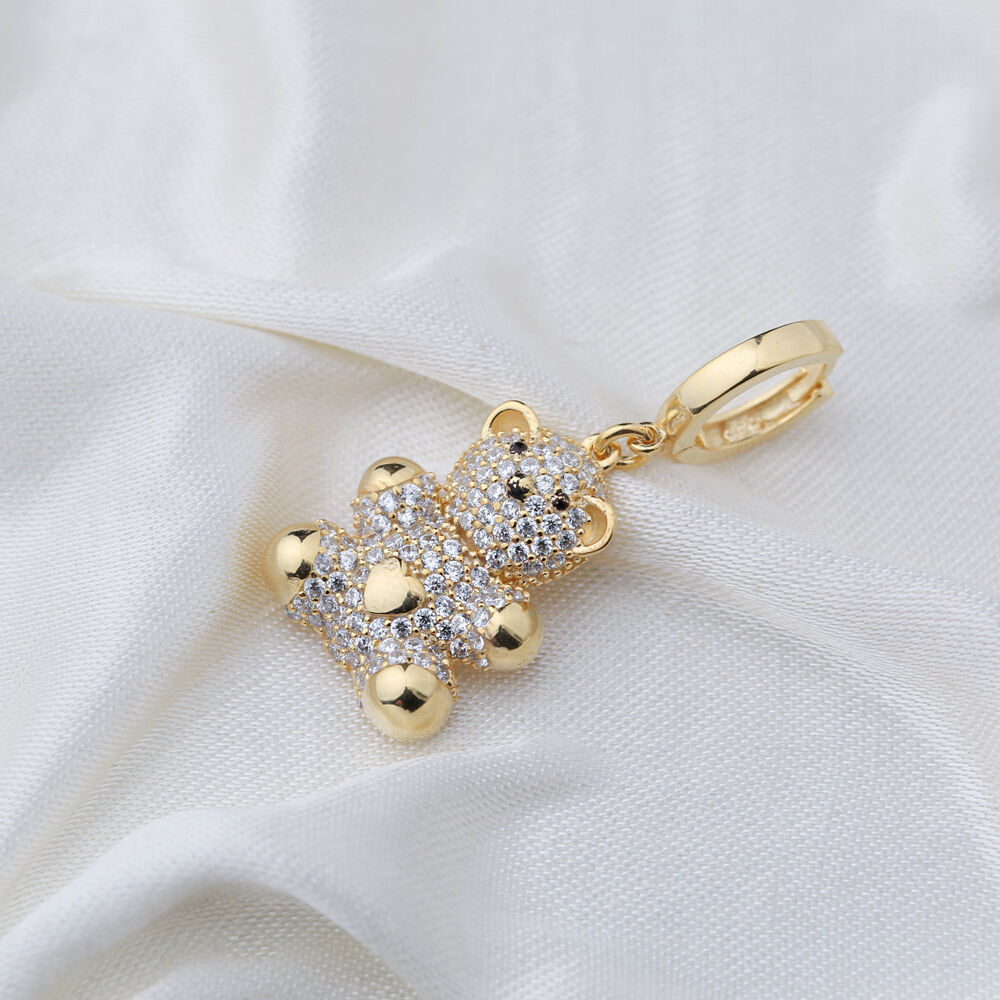 Cute Bear Design Zirconia Stone Dangle Single Earring Turkish 925 Silver Sterling Silver Jewelry