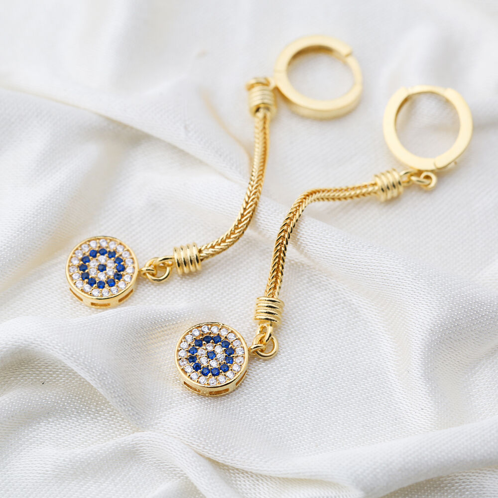 Elegant Round Charm Zircon and Sapphire Stone Dangle Long Earrings Wholesale Turkish Handmade 925 Sterling Silver Jewelry