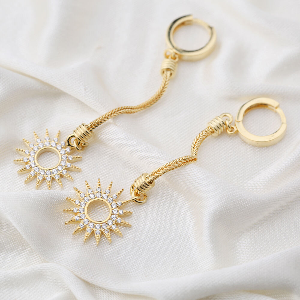 Unique Sun Charm Zircon Stone Dangle Long Earrings Wholesale Turkish Handmade 925 Sterling Silver Jewelry