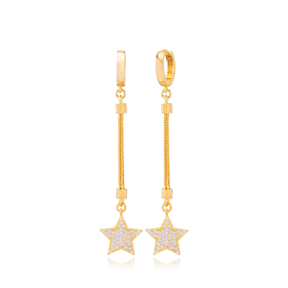 Stylish Star Charm Zircon Stone Dangle Long Earrings Wholesale Turkish Handmade 925 Sterling Silver Jewelry