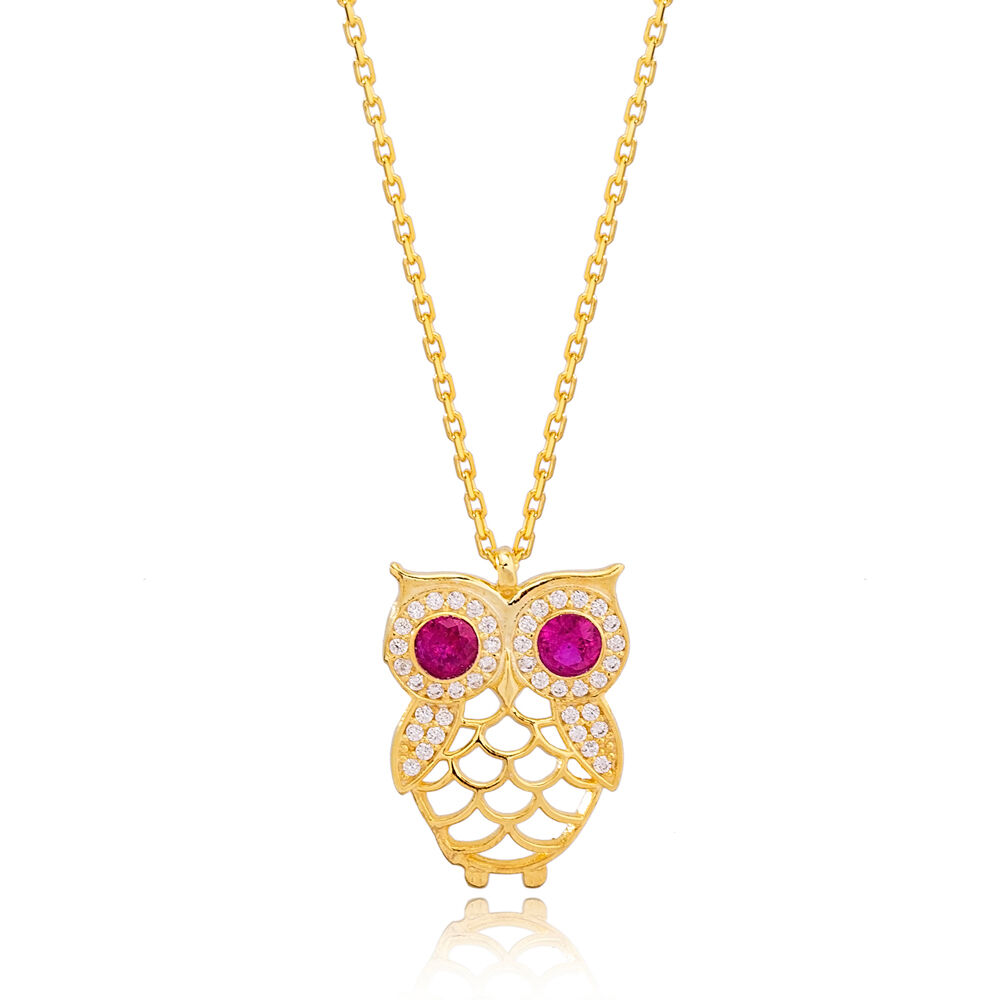 Owl Charm Ruby and Zircon Stone Pendant Necklace Turkish 925 Sterling Silver Jewelry