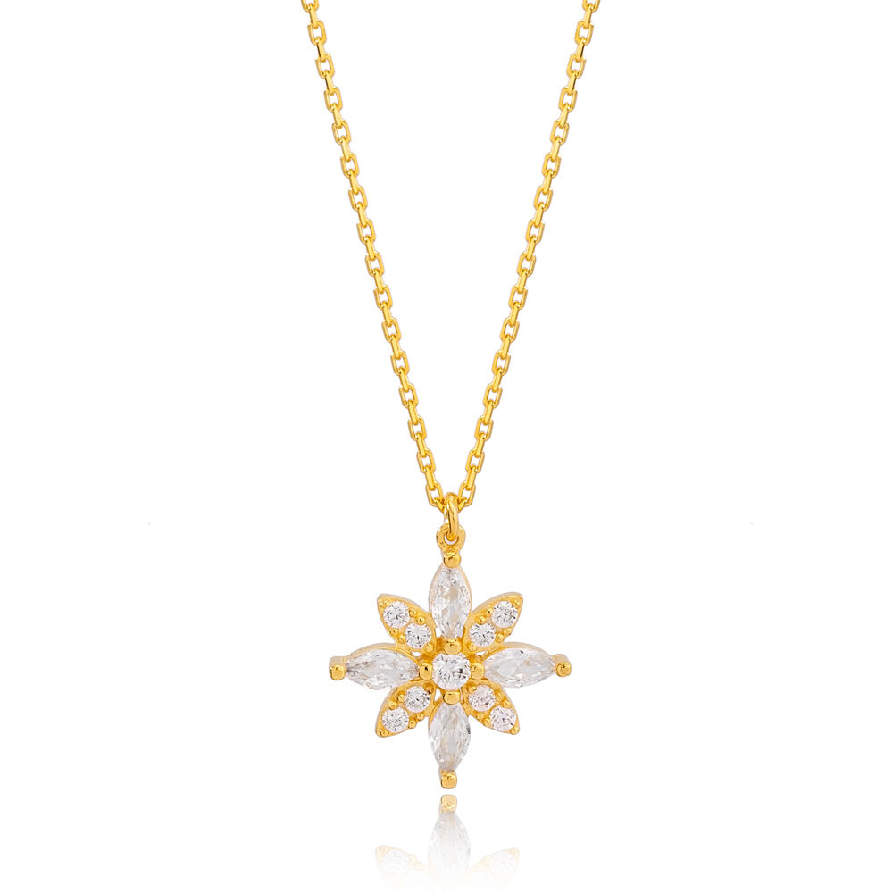 Flower Design Citrine and Zircon Stone Charm Pendant Necklace Turkish 925 Sterling Silver Jewelry