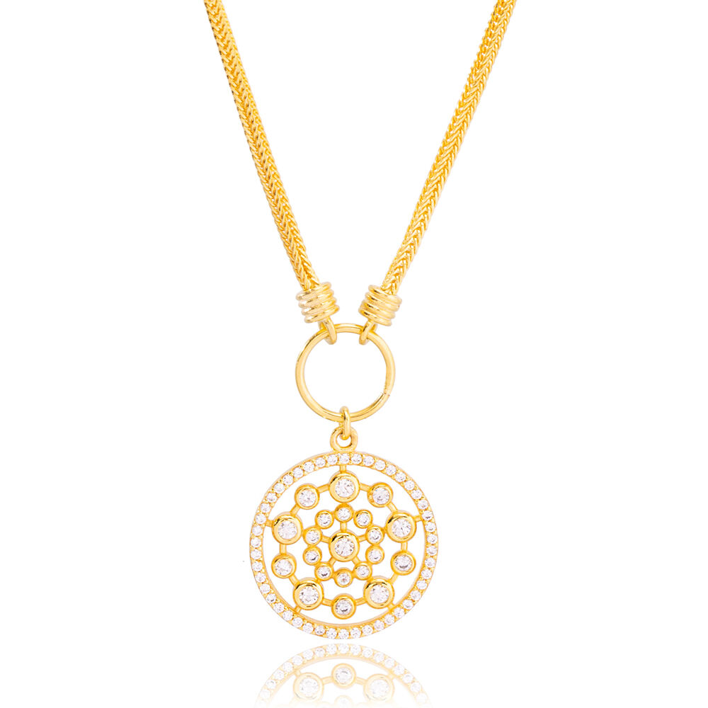 Flower of Life CZ Stone Round Style Pendant Necklace Turkish 925 Sterling Silver Jewelry